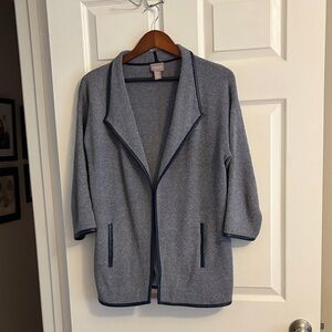 Chico's navy blue and white oversized sweater jacket with faux leather trim